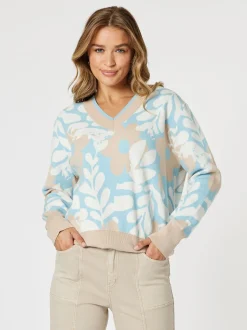 Pasadena V Neck Floral Print Knit - Blue/Natural