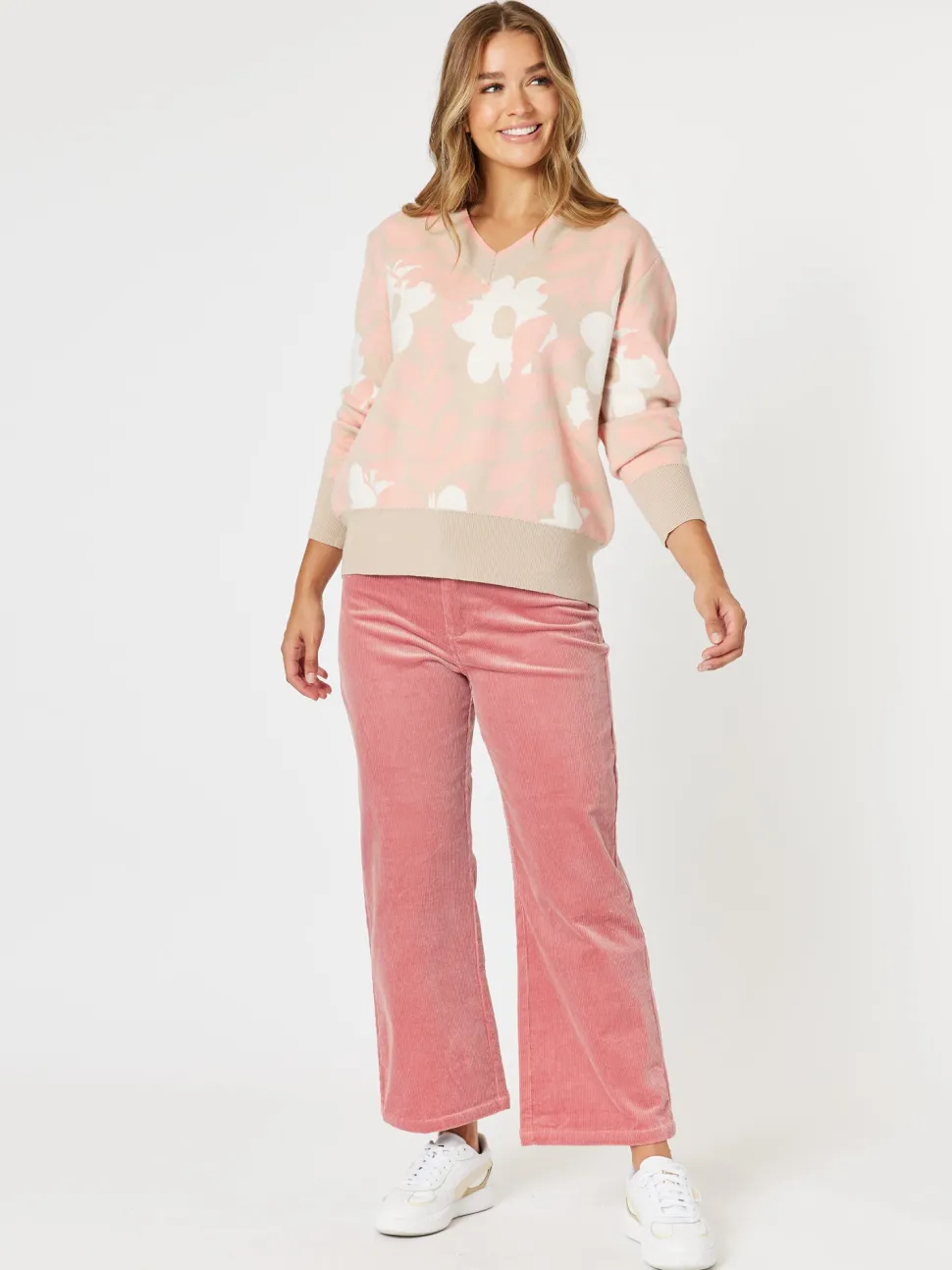 Pasadena V Neck Floral Print Knit - Coral/Natural