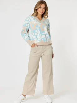 Pasadena V Neck Floral Print Knit - Blue/Natural