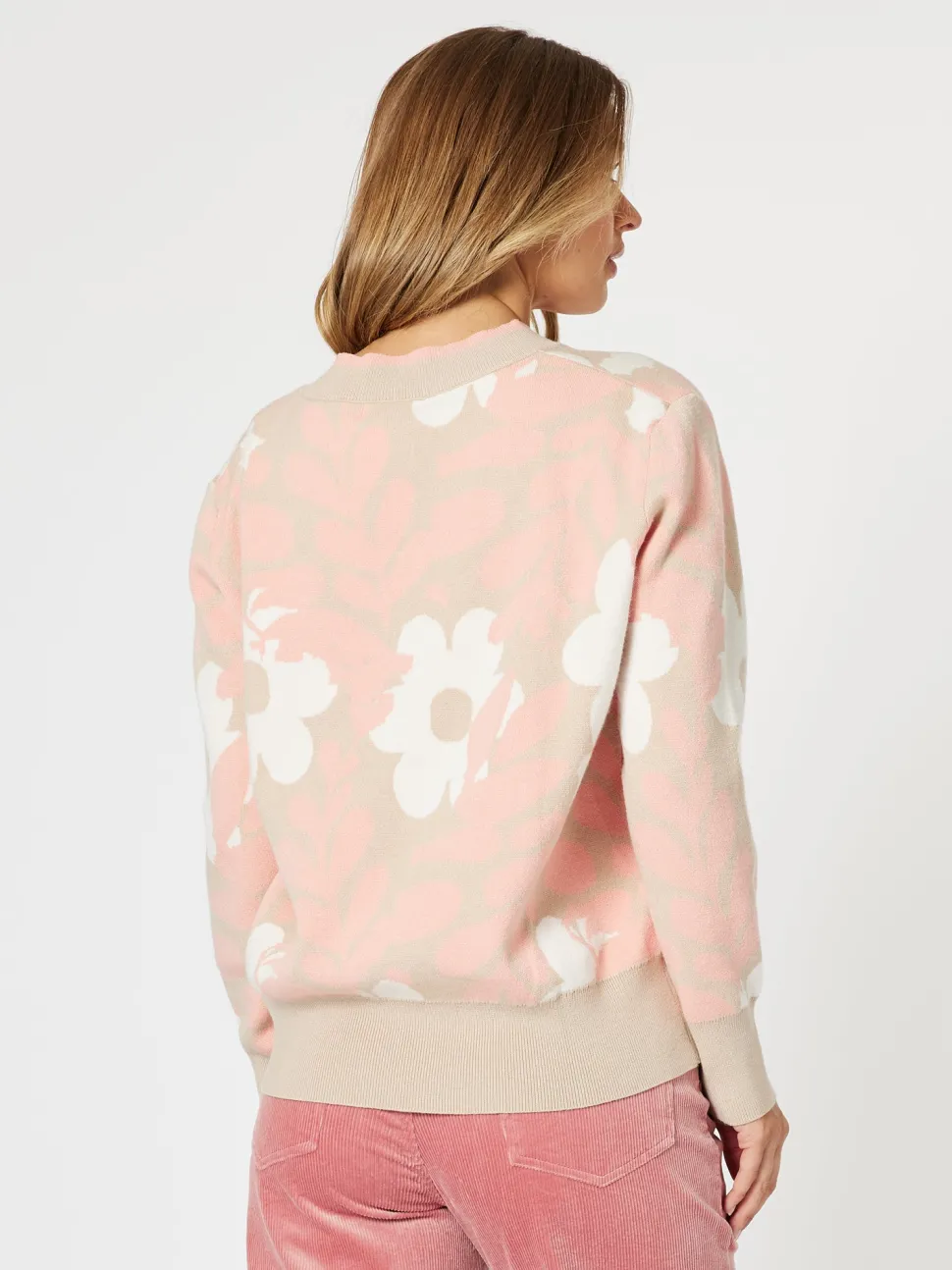 Pasadena V Neck Floral Print Knit - Coral/Natural