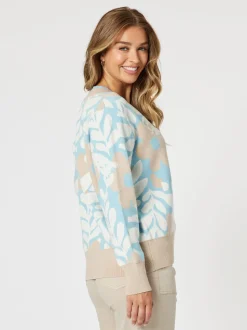 Pasadena V Neck Floral Print Knit - Blue/Natural