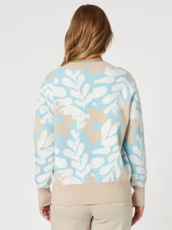 Pasadena V Neck Floral Print Knit - Blue/Natural