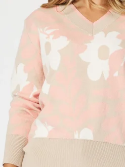 Pasadena V Neck Floral Print Knit - Coral/Natural