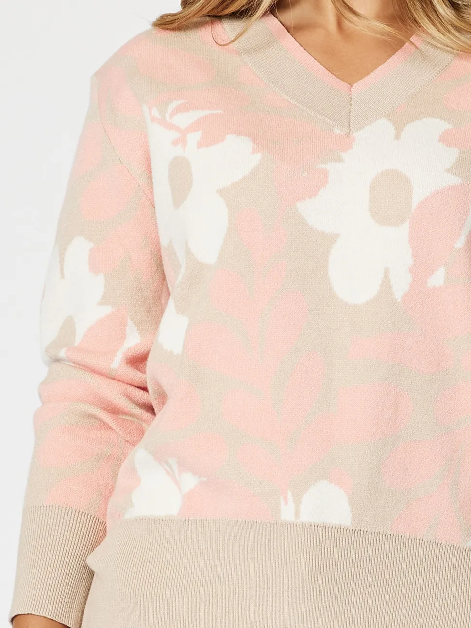 Pasadena V Neck Floral Print Knit - Coral/Natural