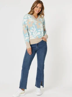 Pasadena V Neck Floral Print Knit - Blue/Natural