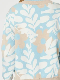 Pasadena V Neck Floral Print Knit - Blue/Natural