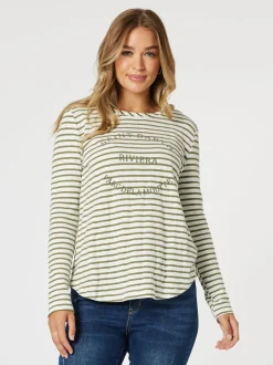 Riviera Long Sleeve Stripe Print Tee - Khaki/White