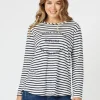 Riviera Long Sleeve Stripe Print Top - Navy/White