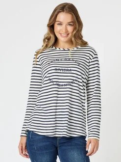 Riviera Long Sleeve Stripe Print Top - Navy/White