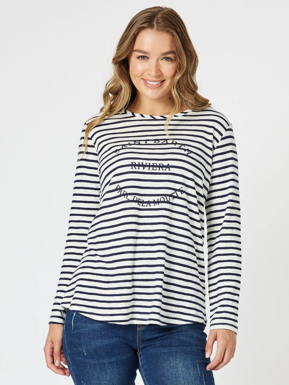 Riviera Long Sleeve Stripe Print Top - Navy/White