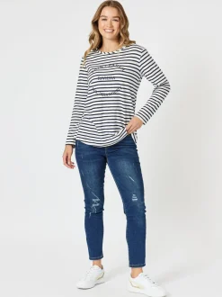 Riviera Long Sleeve Stripe Print Top - Navy/White