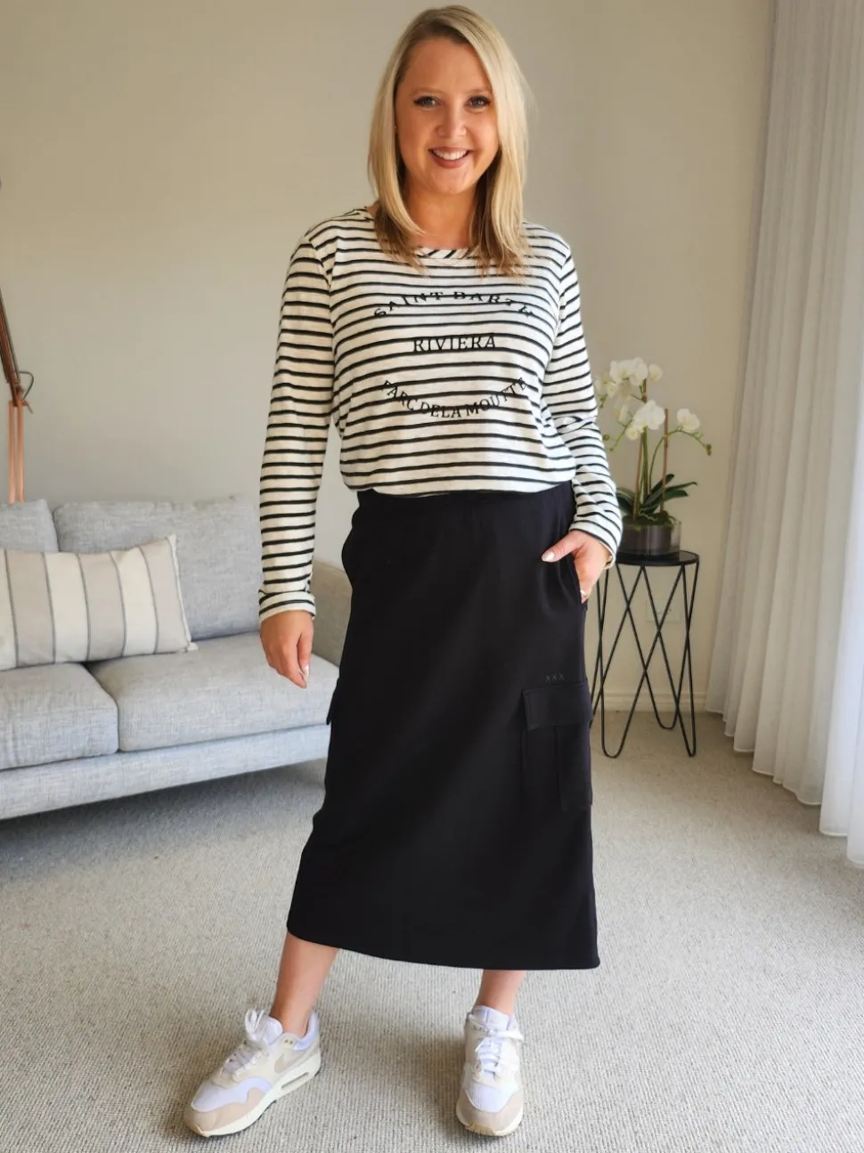 Riviera Long Sleeve Stripe Print Tee - Black/White