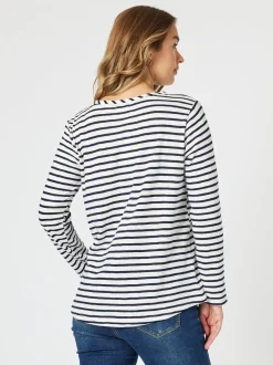 Riviera Long Sleeve Stripe Print Top - Navy/White