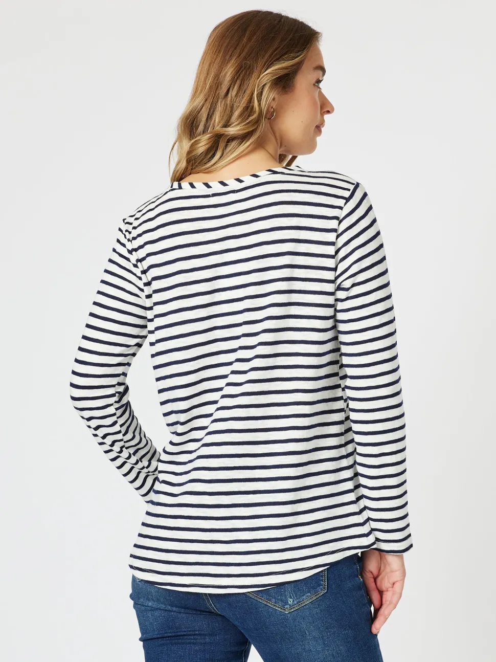 Riviera Long Sleeve Stripe Print Top - Navy/White