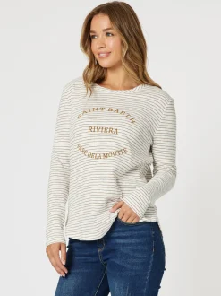 Riviera Long Sleeve Stripe Print Tee - Natural/White