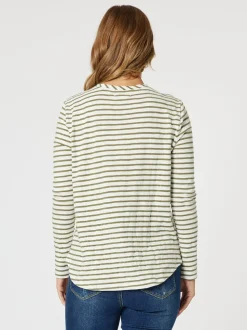 Riviera Long Sleeve Stripe Print Tee - Khaki/White