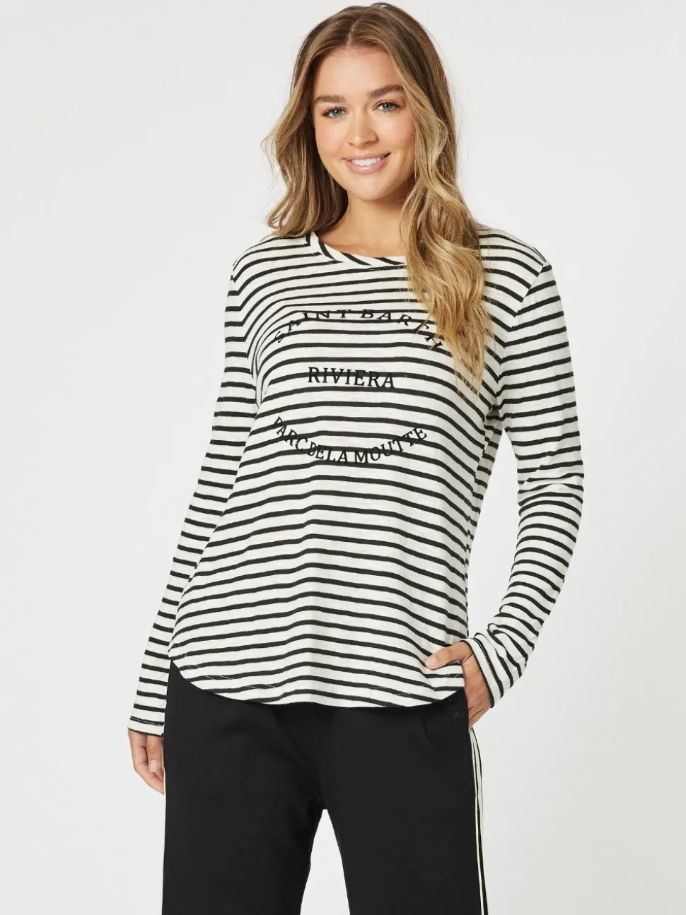Riviera Long Sleeve Stripe Print Tee - Black/White