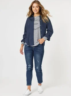 Riviera Long Sleeve Stripe Print Top - Navy/White