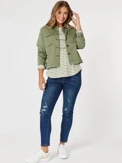 Riviera Long Sleeve Stripe Print Tee - Khaki/White