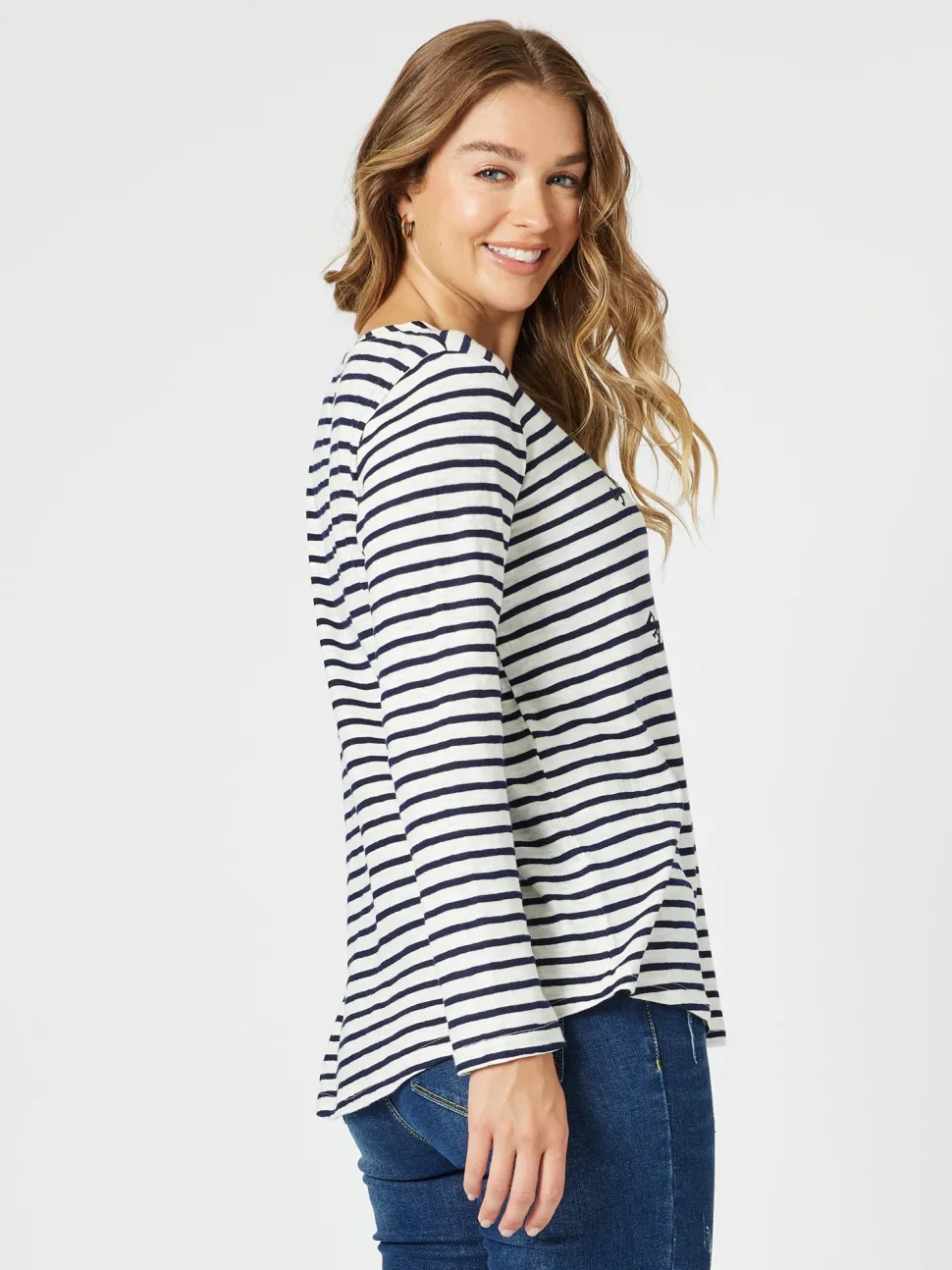 Riviera Long Sleeve Stripe Print Top - Navy/White
