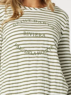 Riviera Long Sleeve Stripe Print Tee - Khaki/White