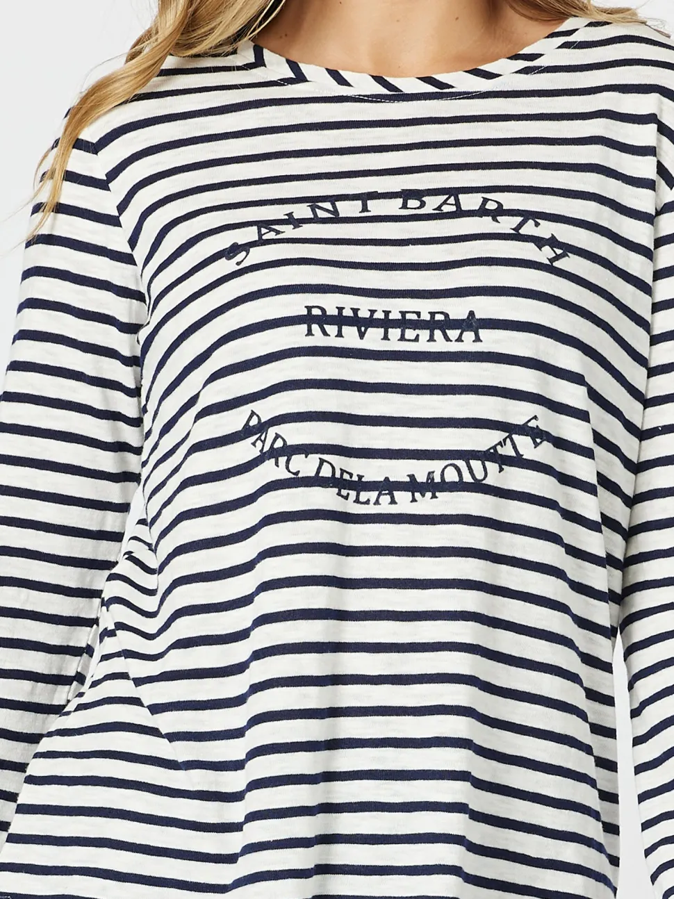 Riviera Long Sleeve Stripe Print Top - Navy/White