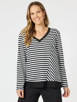 Serena Stripe V Neck Top - Black/White