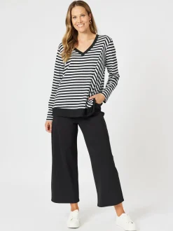 Serena Stripe V Neck Top - Black/White
