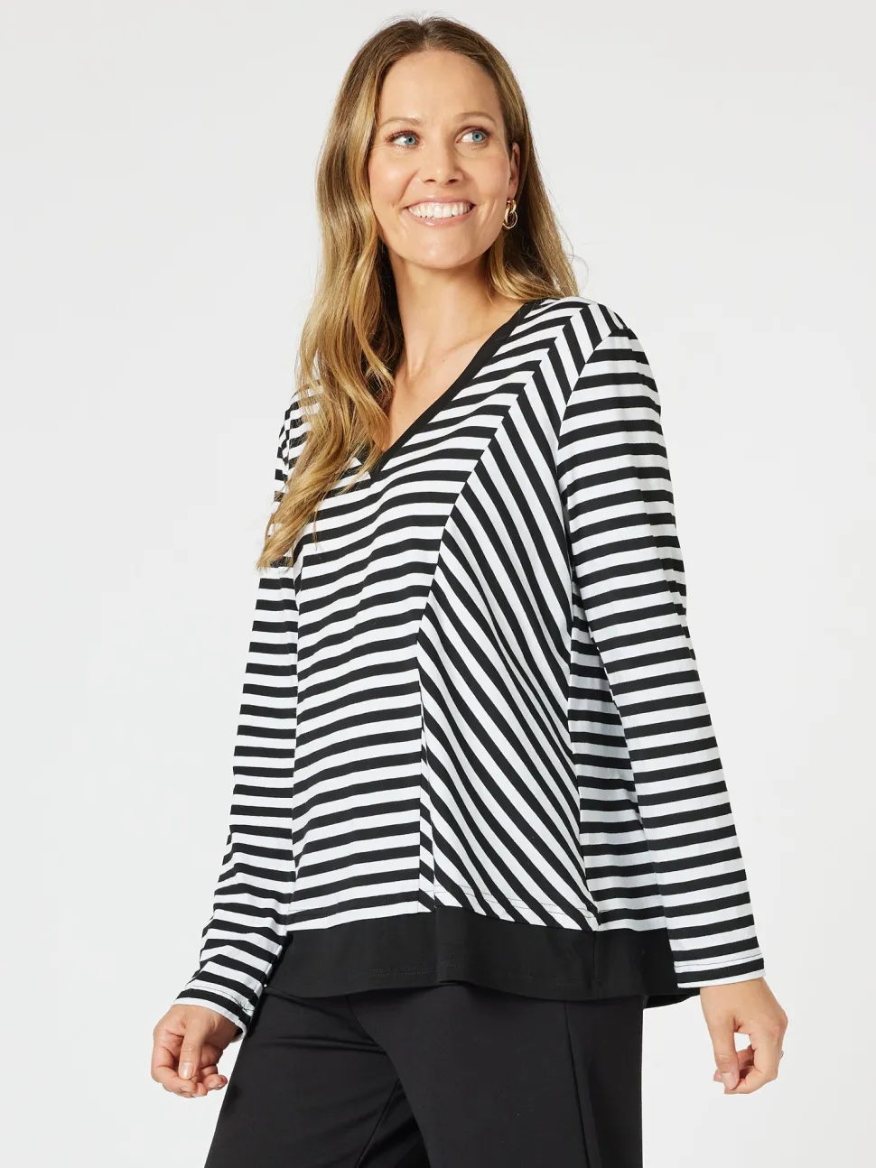 Serena Stripe V Neck Top - Black/White