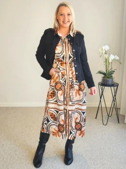 Studio Button Floral Print Dress - Chocolate Multi