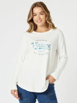 Vintage Long Sleeve Print Tee - White/Denim