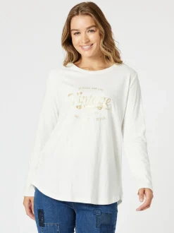 Vintage Long Sleeve Print Tee - White/Gold