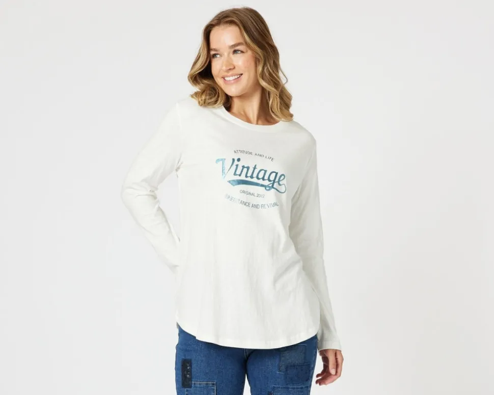 Vintage Long Sleeve Print Tee - White/Denim