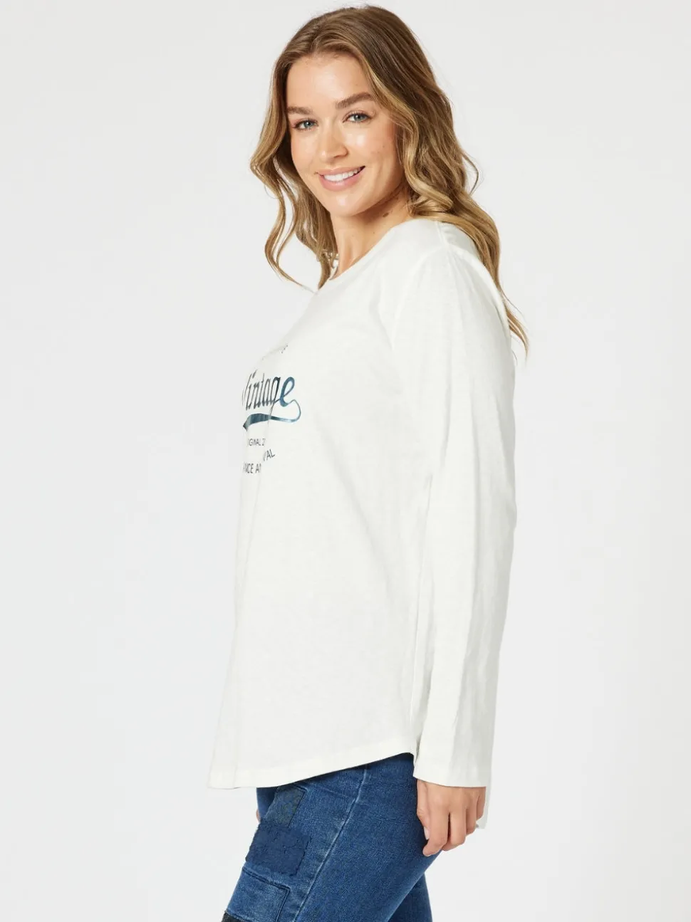 Vintage Long Sleeve Print Tee - White/Denim