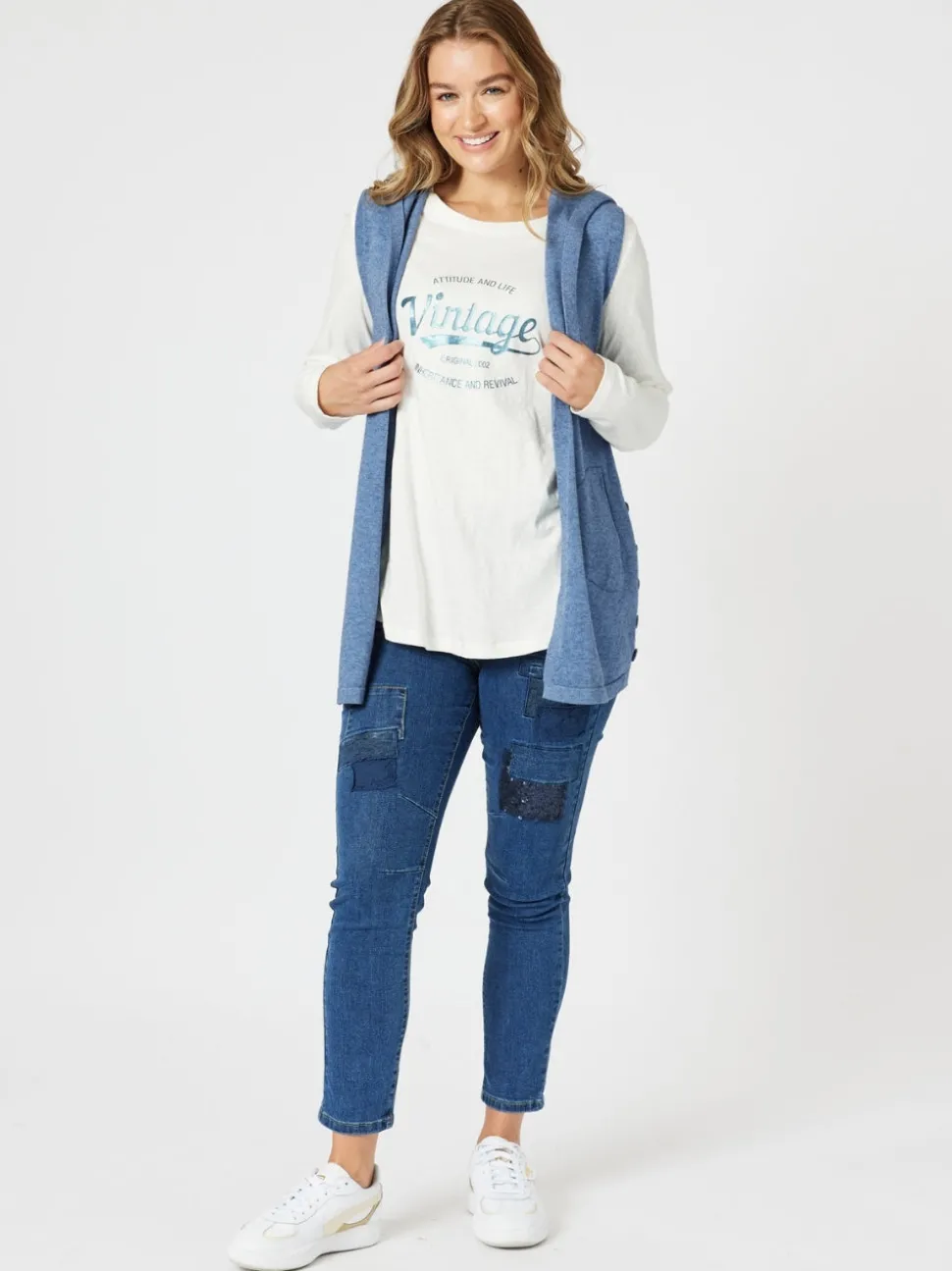 Vintage Long Sleeve Print Tee - White/Denim