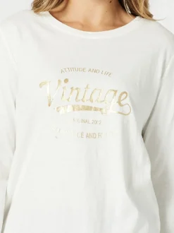 Vintage Long Sleeve Print Tee - White/Gold