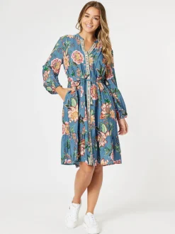 Vintage Rose Floral Print Button Dress - Multi