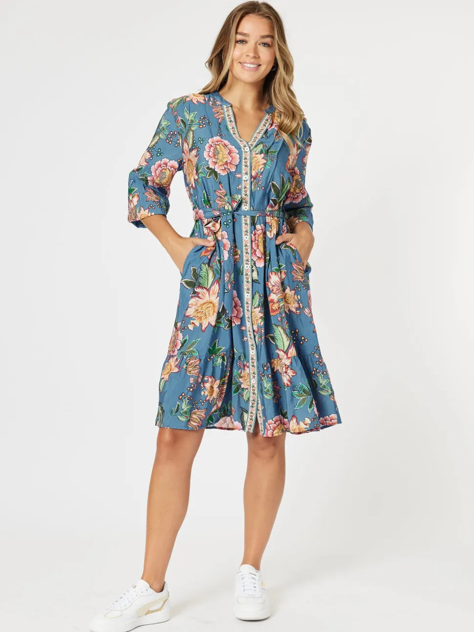 Vintage Rose Floral Print Button Dress - Multi
