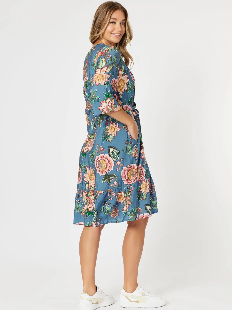 Vintage Rose Floral Print Button Dress - Multi
