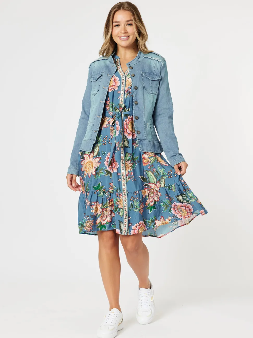 Vintage Rose Floral Print Button Dress - Multi